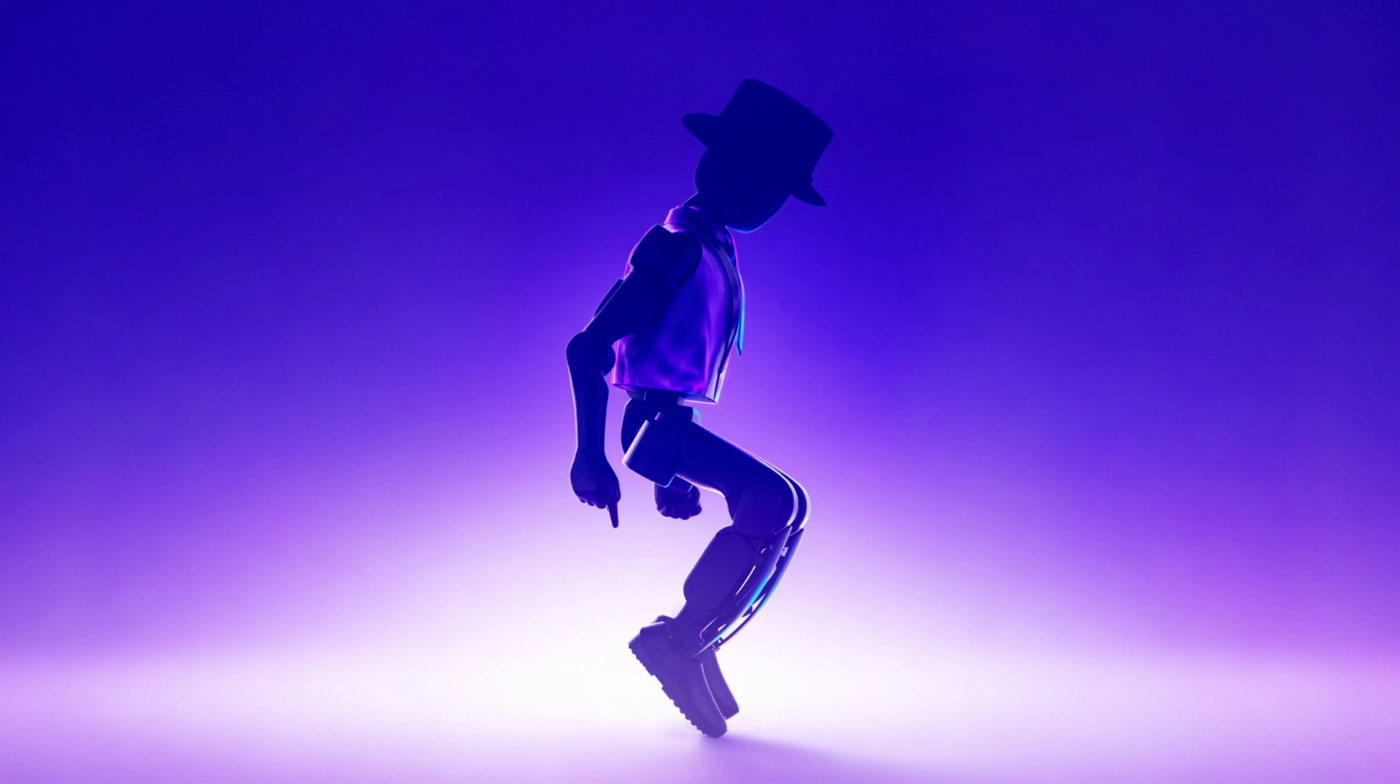 Humanoid robot performing a dance move under purple stage light